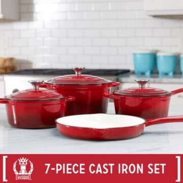 Basque Enameled Cast Iron Cookware Set (Rouge Red), 7-Piece Set, Nonstick, Oversized Handles, Oven S...