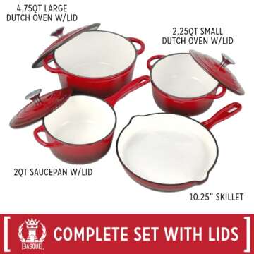Basque Enameled Cast Iron Cookware Set (Rouge Red), 7-Piece Set, Nonstick, Oversized Handles, Oven Safe; 10.25" Skillet, 2QT Saucepan, 2.25QT Small Dutch Oven, 4.75QT Large Dutch Oven