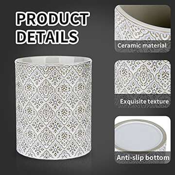 KOOV Kitchen Utensil Holder, Large Utensil Holders for Countertop, 6 x 7 Inches Ceramic Utensil Crock, Deep and Stable, Cooking Utensil Holder, Embossed Pattern, White