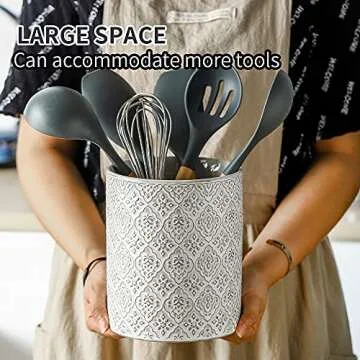 KOOV Kitchen Utensil Holder, Large Utensil Holders for Countertop, 6 x 7 Inches Ceramic Utensil Crock, Deep and Stable, Cooking Utensil Holder, Embossed Pattern, White