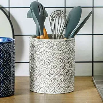 KOOV Kitchen Utensil Holder, Large Utensil Holders for Countertop, 6 x 7 Inches Ceramic Utensil Crock, Deep and Stable, Cooking Utensil Holder, Embossed Pattern, White