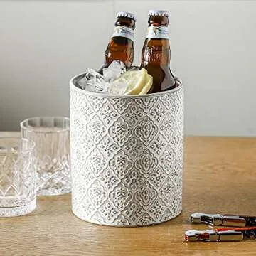 KOOV Kitchen Utensil Holder, Large Utensil Holders for Countertop, 6 x 7 Inches Ceramic Utensil Crock, Deep and Stable, Cooking Utensil Holder, Embossed Pattern, White