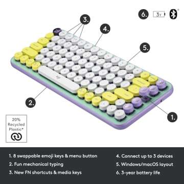 Logitech POP Keys Mechanical Wireless Keyboard with Customizable Emoji , Durable Compact Design, Bluetooth or USB Connectivity, Multi-Device, OS Compatible - Daydream Mint