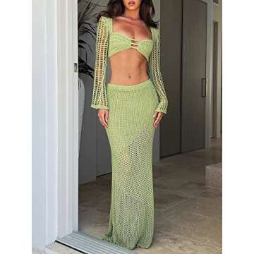 MALCIKLO Women's Crochet Knit 2 Piece Skirt Set Hollow Out Crop Top Long Sleeve Backless Tie Up Club Bodycon Dress Outfits (A-Green, S)