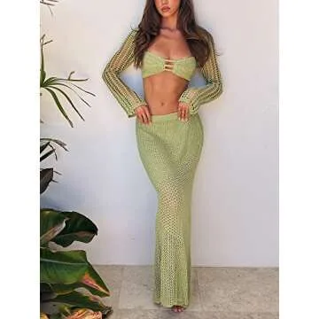 MALCIKLO Women's Crochet Knit 2 Piece Skirt Set Hollow Out Crop Top Long Sleeve Backless Tie Up Club Bodycon Dress Outfits (A-Green, S)