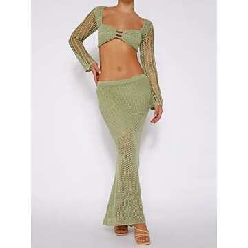MALCIKLO Women's Crochet Knit 2 Piece Skirt Set Hollow Out Crop Top Long Sleeve Backless Tie Up Club Bodycon Dress Outfits (A-Green, S)
