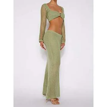 MALCIKLO Women's Crochet Knit 2 Piece Skirt Set Hollow Out Crop Top Long Sleeve Backless Tie Up Club Bodycon Dress Outfits (A-Green, S)