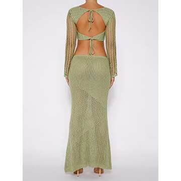 MALCIKLO Women's Crochet Knit 2 Piece Skirt Set Hollow Out Crop Top Long Sleeve Backless Tie Up Club Bodycon Dress Outfits (A-Green, S)