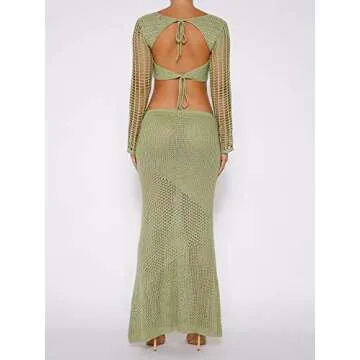 MALCIKLO Women's Crochet Knit 2 Piece Skirt Set Hollow Out Crop Top Long Sleeve Backless Tie Up Club Bodycon Dress Outfits (A-Green, S)
