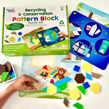 hand2mind Recycling and Conservation Pattern Block Puzzle Set, Tangram Puzzle, Geometric Shapes for Kids, Pattern Blocks Cards, Pattern Play, Toddler Pattern Blocks, Kindergarten Learning Activities