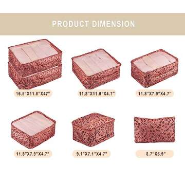 Vercord 7 Set Travel Packing Organizers Cubes Luggage Suitcase Organizer Bags Clothes Underwear Cube Shoe Pouch Pack Pink Leopard