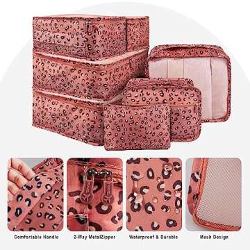 Vercord 7 Set Travel Packing Organizers Cubes Luggage Suitcase Organizer Bags Clothes Underwear Cube Shoe Pouch Pack Pink Leopard