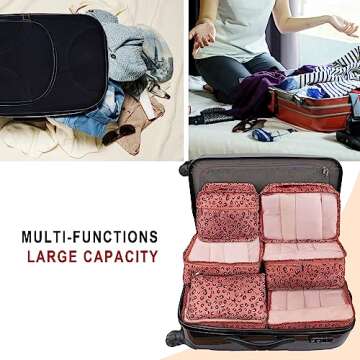 Vercord 7 Set Travel Packing Organizers Cubes Luggage Suitcase Organizer Bags Clothes Underwear Cube Shoe Pouch Pack Pink Leopard