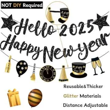 Happy New Year Banner 2025 Black Glitter Pre-Strung Hello 2025 &Happy New Years sign New Year Eve Banner for Happy New Year Decorations 2025 NYE Party Supplies