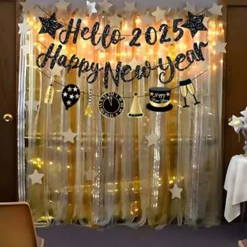 Happy New Year Banner 2025 Black Glitter Pre-Strung Hello 2025 &Happy New Years sign New Year Eve Banner for Happy New Year Decorations 2025 NYE Party Supplies