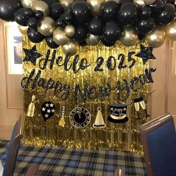 Happy New Year Banner 2025 Black Glitter Pre-Strung Hello 2025 &Happy New Years sign New Year Eve Banner for Happy New Year Decorations 2025 NYE Party Supplies