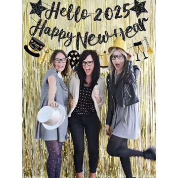 Happy New Year Banner 2025 Black Glitter Pre-Strung Hello 2025 &Happy New Years sign New Year Eve Banner for Happy New Year Decorations 2025 NYE Party Supplies