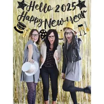Happy New Year Banner 2025 Black Glitter Pre-Strung Hello 2025 &Happy New Years sign New Year Eve Banner for Happy New Year Decorations 2025 NYE Party Supplies