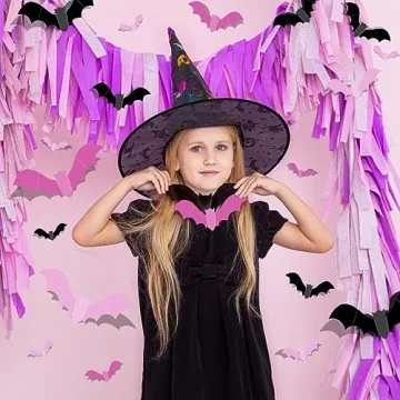Pink Bats for Wall Halloween 3D Bats Blush and Black DIY Wall Decal Bathroom Indoor Cute Halloween Party Decorations, Pastel Halloween, PVC Wall Bat Stickers for Home (48pcs)