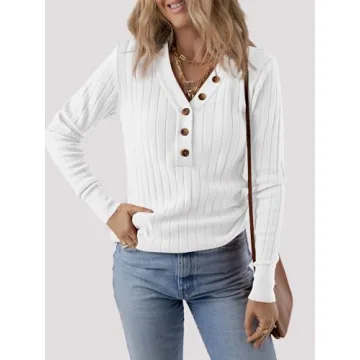 MEROKEETY Long Sleeve V Neck Ribbed Button Knit Sweater