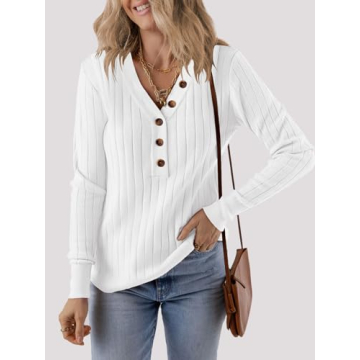 MEROKEETY Long Sleeve V Neck Ribbed Button Knit Sweater