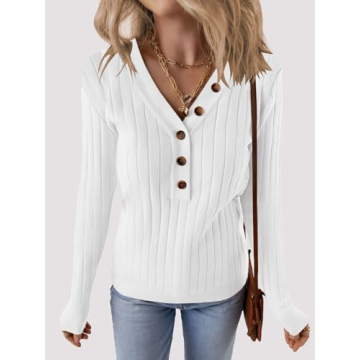 MEROKEETY Long Sleeve V Neck Ribbed Button Knit Sweater