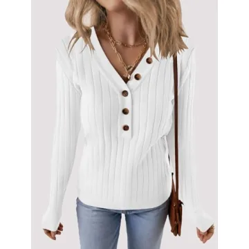 MEROKEETY Long Sleeve V Neck Ribbed Button Knit Sweater