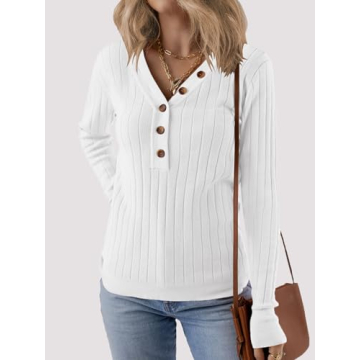 MEROKEETY Long Sleeve V Neck Ribbed Button Knit Sweater