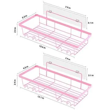 Durmmur 2 Pack Adhesive Shower Caddy Organizer with Hooks, Rustproof No Drilling Wall Mounted Storage Shelf Rack for Inside Shower/Bathroom/Kitchen (Pink)