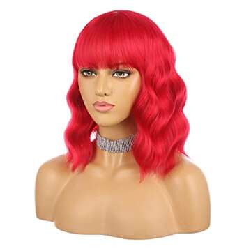 eNilecor Red Wig for Women,Short Curly Wavy Curly Bob Wig with Bangs,14" Natural Synthetic Colored P...
