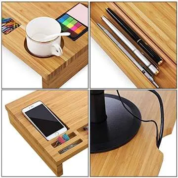 SONGMICS Monitor Stand Riser with Storage Organizer Office Computer Desk Laptop Cellphone TV Printer Stand Desktop Container Bamboo Wood Natural ULLD201