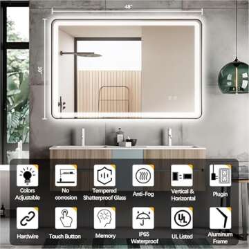 TheiaMo Rectangle LED Bathroom Mirror, Anti-Fog Double Touch Lighted Wall Vanity Mirror 45° Beveled...