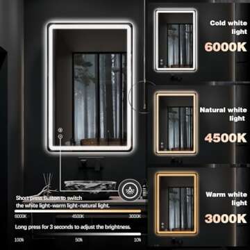 TheiaMo Rectangle LED Bathroom Mirror, Anti-Fog Double Touch Lighted Wall Vanity Mirror 45° Beveled Metal Frame Stepless Adjustable Color Temperature Smart Mirror 3000K-6000K
