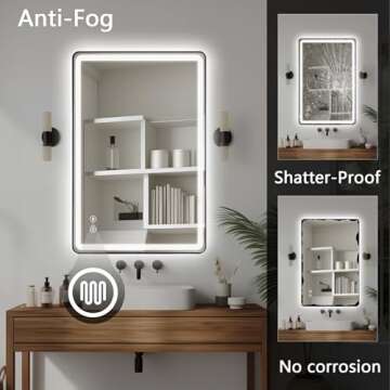TheiaMo Rectangle LED Bathroom Mirror, Anti-Fog Double Touch Lighted Wall Vanity Mirror 45° Beveled Metal Frame Stepless Adjustable Color Temperature Smart Mirror 3000K-6000K