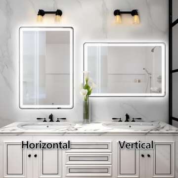 TheiaMo Rectangle LED Bathroom Mirror, Anti-Fog Double Touch Lighted Wall Vanity Mirror 45° Beveled Metal Frame Stepless Adjustable Color Temperature Smart Mirror 3000K-6000K