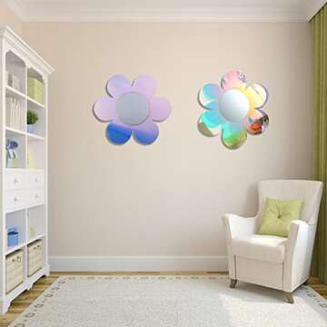 Irregular Wall Mirror Wavy Acrylic Rainbow Mirror Room Decor Aesthetic Mirror Amorphic Vanity Retro Mirror for Bedroom Living Room Bathroom Entryway Wall Decor (Flower Style,12.6 x 11.6 Inch)