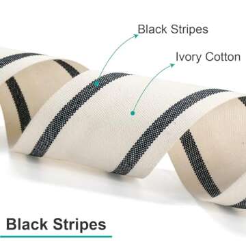 CT CRAFT LLC Ivory Cotton Black Stripes Ribbon 3/8" x 10 Yards for Home Décor Gift Present Wrapping...