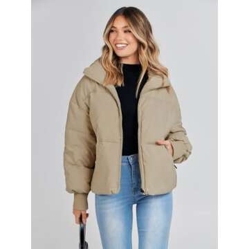 MEROKEETY Women's 2024 Winter Long Sleeve Zip Puffer Jacket Pockets Baggy Short Coats, Khaki, L
