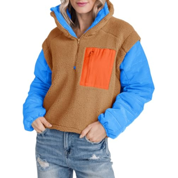 Tankaneo Womens Fleece Puffer Pullover Jacket Sherpa Fuzzy Coat Fall Winter Half Zip Color Block Sweatshirt Brown