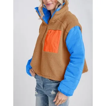 Tankaneo Womens Fleece Puffer Pullover Jacket Sherpa Fuzzy Coat Fall Winter Half Zip Color Block Sweatshirt Brown