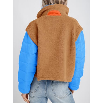 Tankaneo Womens Fleece Puffer Pullover Jacket Sherpa Fuzzy Coat Fall Winter Half Zip Color Block Sweatshirt Brown