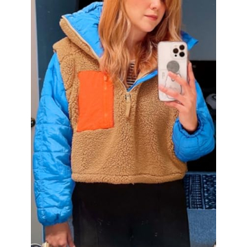 Tankaneo Womens Fleece Puffer Pullover Jacket Sherpa Fuzzy Coat Fall Winter Half Zip Color Block Sweatshirt Brown