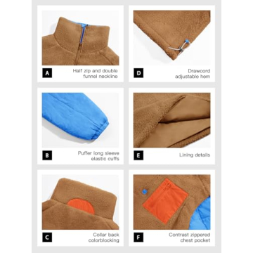 Tankaneo Womens Fleece Puffer Pullover Jacket Sherpa Fuzzy Coat Fall Winter Half Zip Color Block Sweatshirt Brown