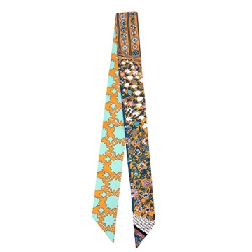 IMLECK Skinny Scarf Simple Floral Print Necktie Handbag Handle Wrap Silk Ribbon for Women