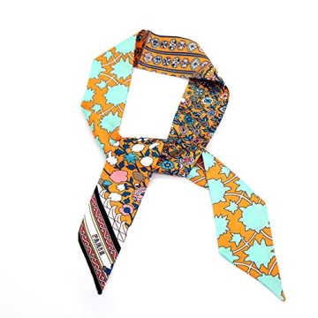 IMLECK Skinny Scarf Simple Floral Print Necktie Handbag Handle Wrap Silk Ribbon for Women