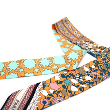 IMLECK Skinny Scarf Simple Floral Print Necktie Handbag Handle Wrap Silk Ribbon for Women