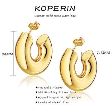 Chunky Thick Hoop Earring - Dainty 14K Gold Plated Hoops Hypoallergenic Earrings for Women