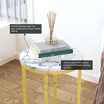 Hooseng Round Side Table Living Room, Faux Marble Small End Table Modern Nightstand Accent Table Sode Table Sofa Side Table Bed Side Table w/Metal Frame for Living Room, Bedroom, Bedside, Office