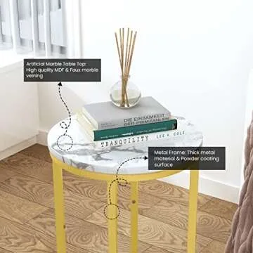 Hooseng Round Side Table Living Room, Faux Marble Small End Table Modern Nightstand Accent Table Sode Table Sofa Side Table Bed Side Table w/Metal Frame for Living Room, Bedroom, Bedside, Office