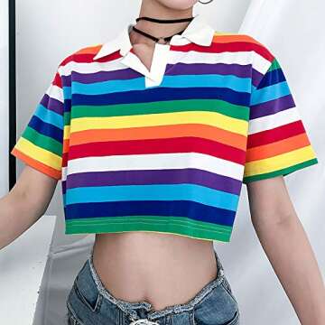 Women's Rainbow Printed Polo T-Shirt Short Sleeve Skinny Y2K Streetwear Crop Top